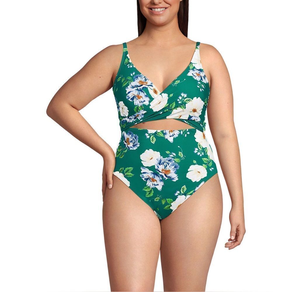Land's End One piece monokini swimsuit island Emerald Petunia floral 16 Long - Picture 2 of 8